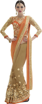 

Khushali Self Design, Embroidered, Embellished Fashion Net, Lycra Saree(Orange, Beige), Beige;orange