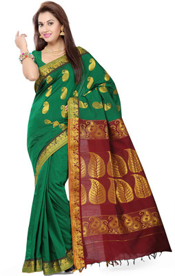 

Ishin Woven Bhagalpuri Cotton Saree(Green), Green & red