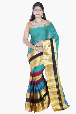 Urban Vastra Striped Fashion Silk Cotton Blend Saree(Green)