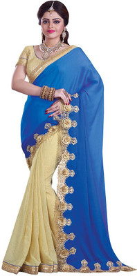 

Sati Embroidered Fashion Chiffon Saree(Blue, Beige), Beige;blue