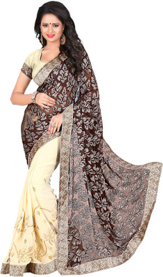 

Saara Floral Print Fashion Georgette Saree(Brown), Brown and cream