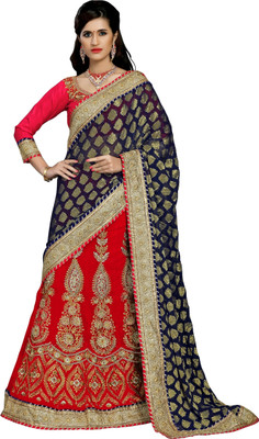

Khoobee Self Design, Embroidered, Embellished Fashion Georgette Saree(Blue, Red)