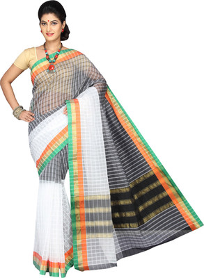 

Pavechas Checkered Banarasi Silk Cotton Blend Saree(Multicolor), Grey;white
