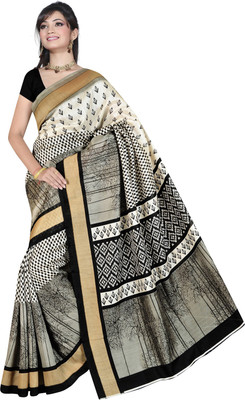 

Parisha Printed Daily Wear Art Silk Saree(White, Black), Cream & black