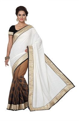 

Ishin Embellished Fashion Modal Saree(Brown), Brown & off white