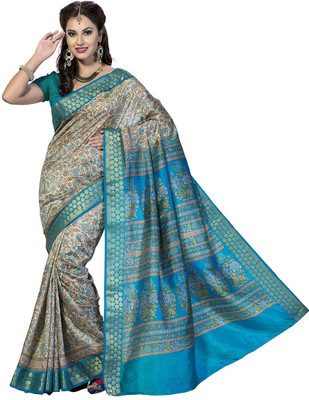 

Rani Saahiba Floral Print Fashion Art Silk Saree(Light Blue)