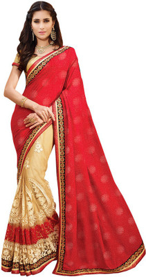 

Desi Butik Embroidered Fashion Net Saree(Red, Beige), Red and beige