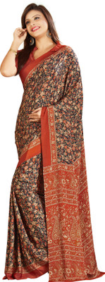 

Khoobee Printed Fashion Crepe Saree(Black, Orange)