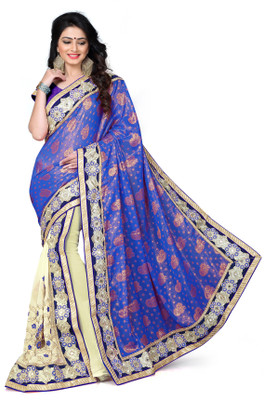 

Khoobee Self Design, Embroidered, Embellished Fashion Georgette, Jacquard Saree(Blue, Beige), Beige;blue