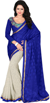 

Manthan Printed Daily Wear Georgette Saree(Blue, White), Blue & off white