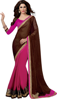 

Khoobee Self Design, Embroidered, Embellished Fashion Georgette, Satin, Jacquard Saree(Brown, Pink