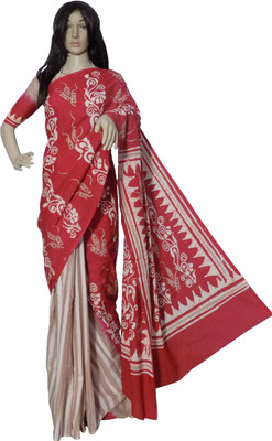

KheyaliBoutique Graphic Print Hand Batik Handloom Cotton Saree(Red, White)