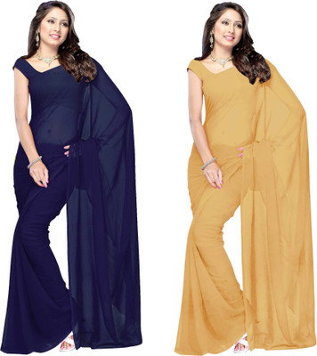 

Manthan Solid Daily Wear Georgette Saree(Pack of 2, Blue, Beige), Navy blue & beige