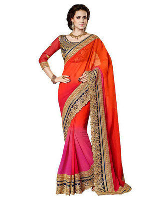 

KRUPALI FASHION Embroidered Bollywood Handloom Georgette Saree(Orange), Blue