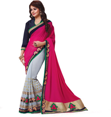

Ridham Sarees Self Design, Embroidered Bollywood Pure Georgette Saree(Pink, Grey), Grey;pink