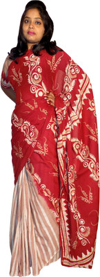

KheyaliBoutique Floral Print Hand Batik Cotton Saree(Red, Beige), Beige;red