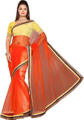 Ishin Embroidered Fashion Net Saree(Orange)