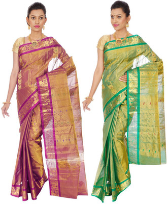 

Mahaveersilkcreations Woven Kanjivaram Pure Silk Saree(Pack of 2, Multicolor), Multi