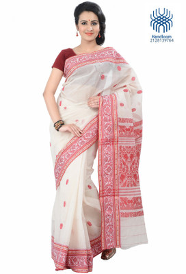 

Tantuja Solid Dhaniakhali Handloom Cotton Saree(White, Red)