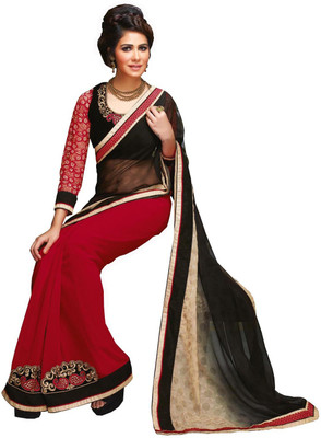 

Lovelylook Embroidered Daily Wear Georgette, Jacquard Saree(Black, Red)