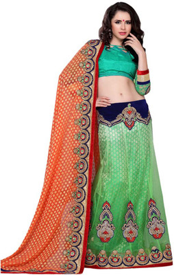 

Khoobee Self Design, Embroidered, Embellished Fashion Net Saree(Green, Orange)