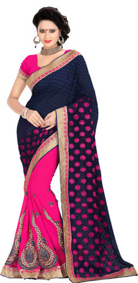 

Khoobee Self Design, Embroidered, Embellished Fashion Georgette, Jacquard Saree(Dark Blue, Pink)