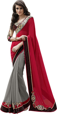 

Manthan Embroidered Fashion Georgette Saree(Red, Grey)