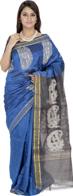 

Romi's Solid Bhagalpuri Handloom Raw Silk Saree(Blue), Light blue -black pallu