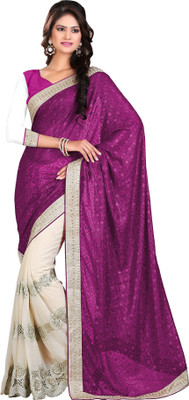 

Khoobee Self Design, Embroidered, Embellished Fashion Georgette, Jacquard Saree(Purple, White)