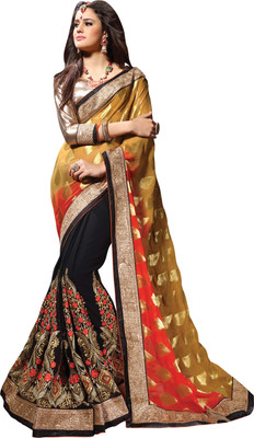 

Khoobee Self Design, Embroidered, Embellished Fashion Georgette, Viscose Saree(Yellow, Orange, Black, Beige), Beige;black;orange;yellow