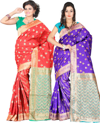 

It's Banii Woven Banarasi Handloom Silk Saree(Pack of 2, Red, Blue), Blue;red