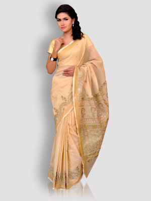 

Kasturi-B Swadeshi Karigari Embroidered Lucknow Chikankari Kota Saree(Pack of 2, Gold), Beige