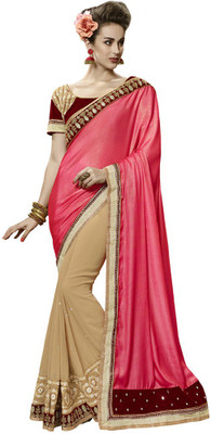 

Desi Butik Embroidered Fashion Crepe Saree(Pink, Beige), Beige;pink