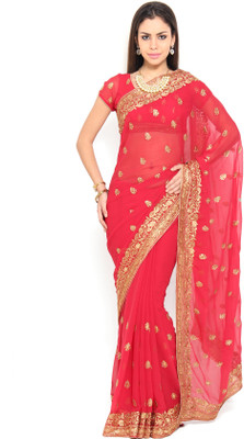 

Soch Self Design, Solid Fashion Chiffon Saree(Red, Gold)