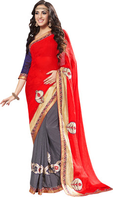 

Jiya Self Design, Embellished, Embroidered Fashion Georgette, Jacquard Saree(Grey, Red, Blue), Blue;grey;red