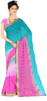

Khushali Self Design, Solid Fashion Georgette Saree(Multicolor), Blue;pink