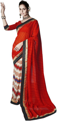 

V And V Shop Printed Fashion Handloom Georgette Saree(Red), Blue;red