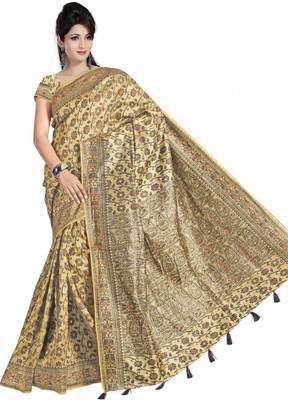 JagannathSaree Self Design Fashion Silk Saree(Beige, Black