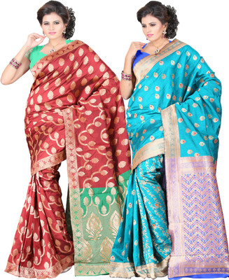 

It's Banii Woven Banarasi Handloom Banarasi Silk Saree(Pack of 2, Red, Blue), Blue;red