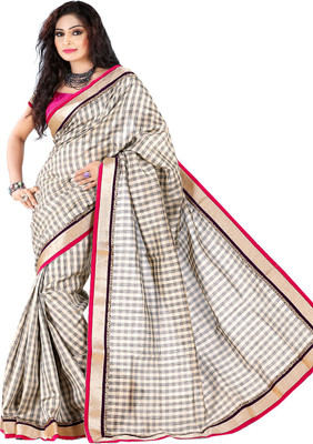 

Kanheyas Checkered Fashion Handloom Khadi, Chanderi Saree(Beige), Beige and pink