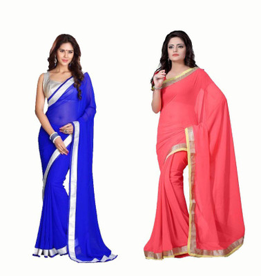 

Stylezone Solid Fashion Chiffon Saree(Pack of 2, Blue, Pink)