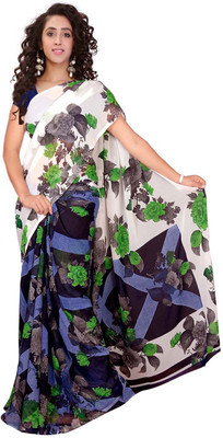 

Manthan Printed Daily Wear Georgette Saree(White, Blue), Off white & blue
