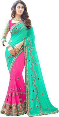 

Radhika Sari Embroidered Bollywood Chiffon Saree(Pink, Green), Green;pink