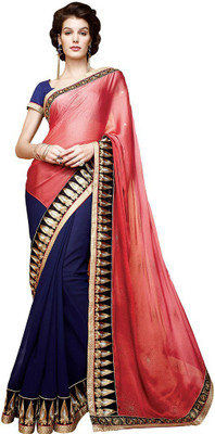 Desi Butik Embroidered Fashion Georgette Saree(Pink, Blue), Pink and blue