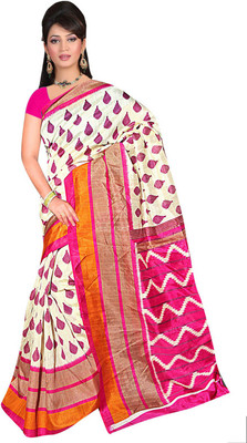 

Manthan Printed Daily Wear Art Silk Saree(White, Pink), Off white & pink