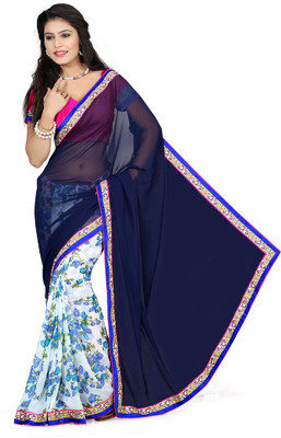 

Indian Wear Online Printed Fashion Chiffon Saree(Dark Blue, White)