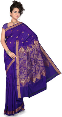 Ishin Solid Fashion Cotton Saree(Blue, Violet golden