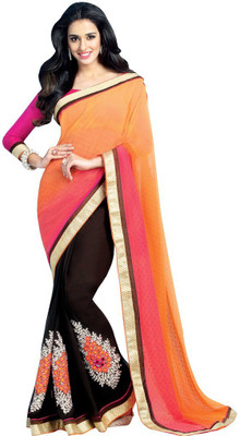 Desi Butik Embroidered Fashion Chiffon Saree(Orange, Brown), Orange and brown