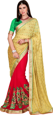 

Khoobee Self Design, Embroidered, Embellished Fashion Georgette Saree(Beige, Red)