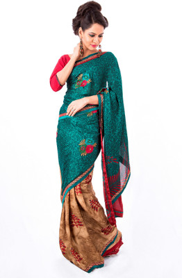 

Cenizas Floral Print Fashion Satin Saree(Green)